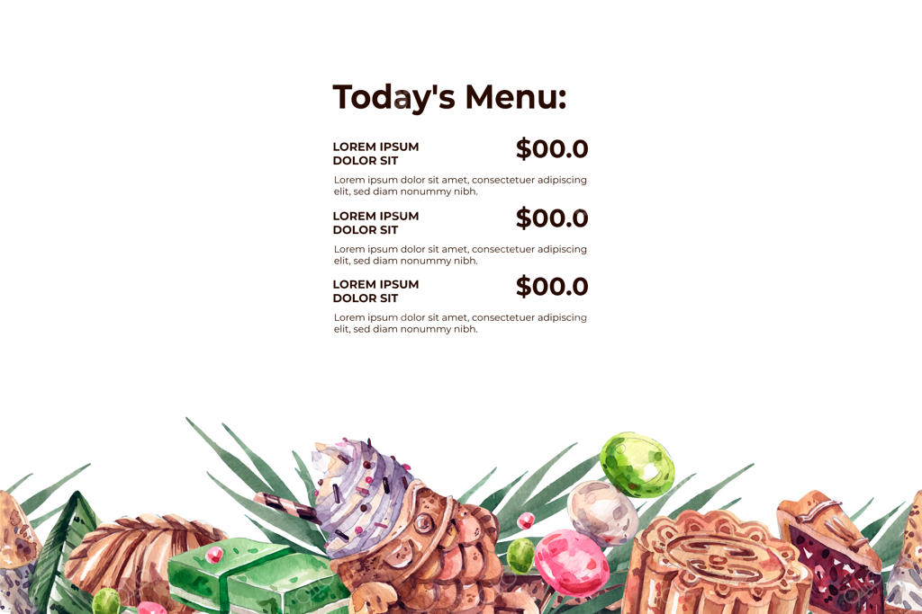 پس‌زمینه افقی برای منو با دسرها و شیرینی‌های سنتی آسیایی به همراه نقاشی‌های آبرنگی.