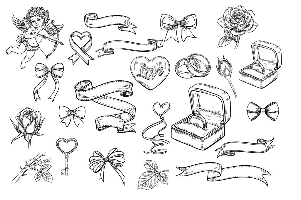 مجموعه طرح‌های سیاه و سفید بزرگ: اسکیس‌ها و چاپ‌های ویژه روز ولنتاین - قلب، کوپیدو، و گل‌های رز