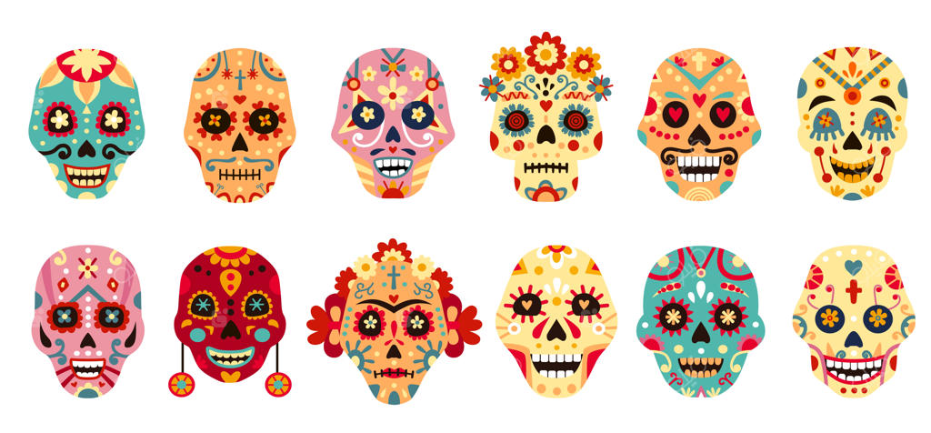 جمجمه روز مردگان مکزیکی: جمجمه‌های قندی مرد و زن تزئینی با طرح گل برای جشن مکزیک، مجموعه وکتور اسکلت‌ها