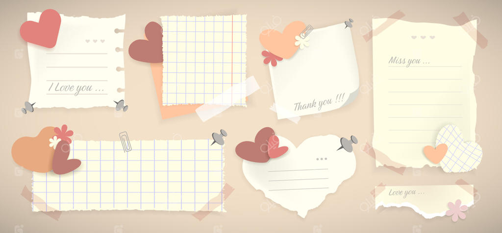 نت‌های قدیمی با کاغذهای پاره و طرح قلب‌ها و نوار چسب: مجموعه‌ای از یادداشت‌های عاشقانه و کاغذهای دفتری.