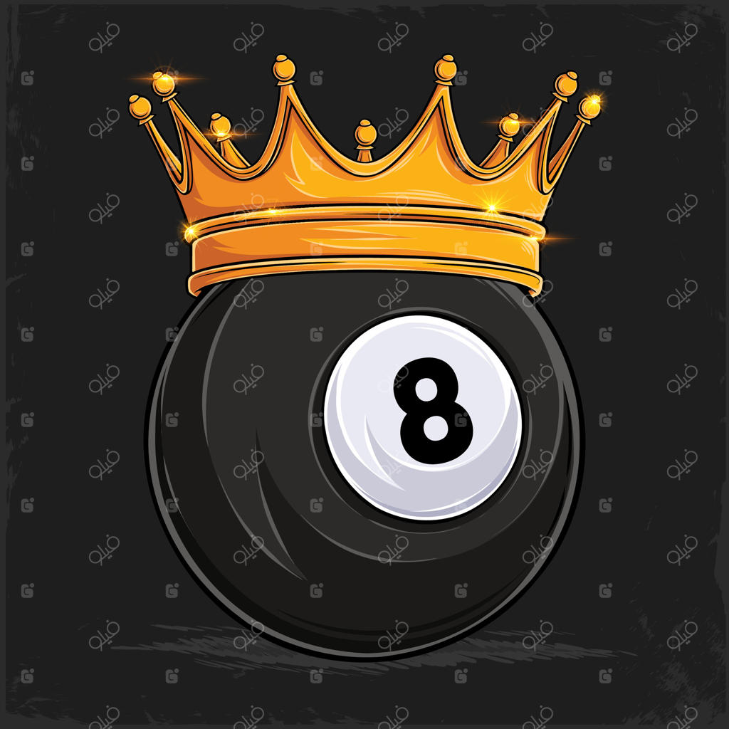 تصویر دستی توپ بیلیارد مشکی شماره هشت با تاج سلطنتی طلایی، توپ بیلیارد با تاج