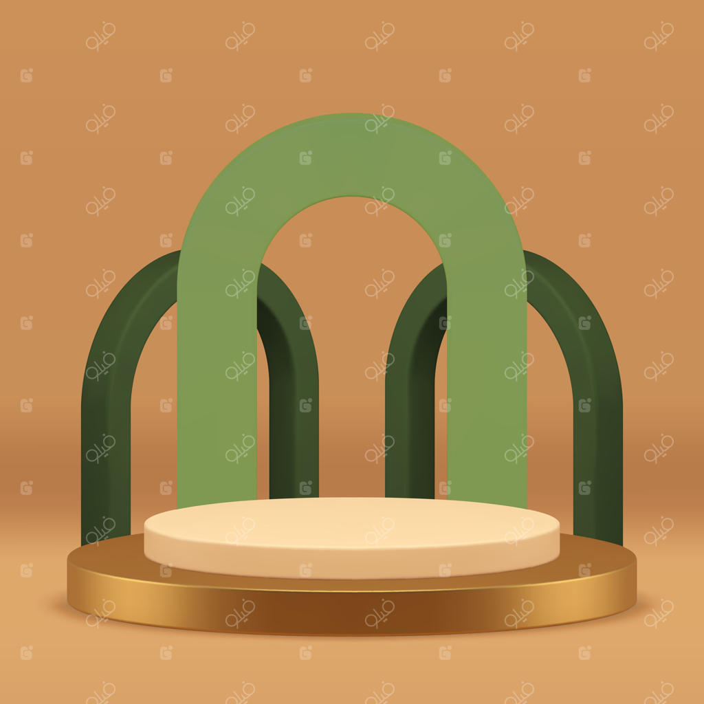 پایه سه‌بعدی لوکس طلایی با پس‌زمینه دیوار سبز برای ارائه واقع‌گرایانه