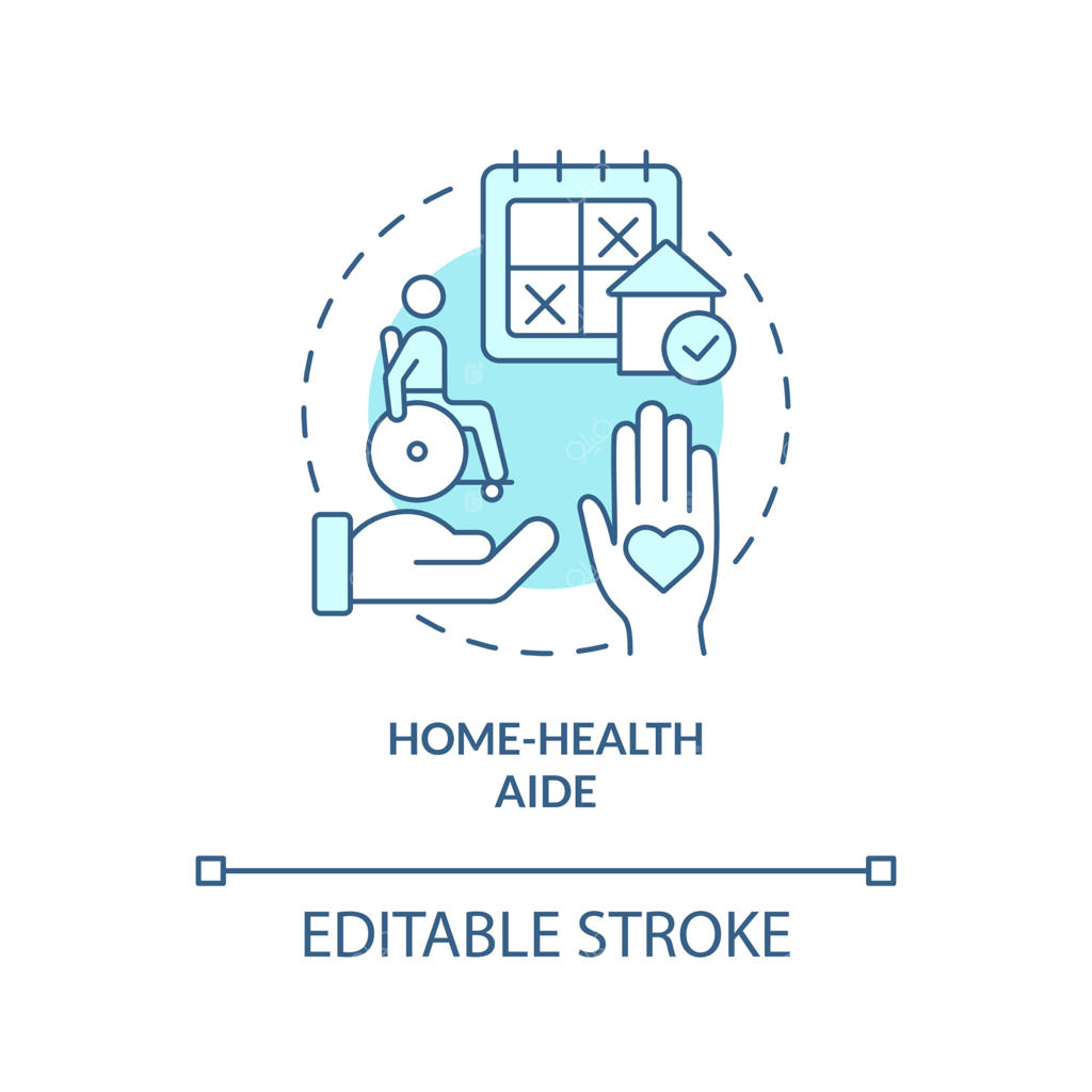 آیکون مفهومی فیروزه‌ای مراقب سلامت در منزل؛ مراقبت از بیماران بدحال. تصویرسازی خطی و انتزاعی خدمات آسایشگاهی. طرح خطی ایزوله با قابلیت ویرایش خطوط. استفاده از فونت‌های Arial و Myriad Pro-Bold.