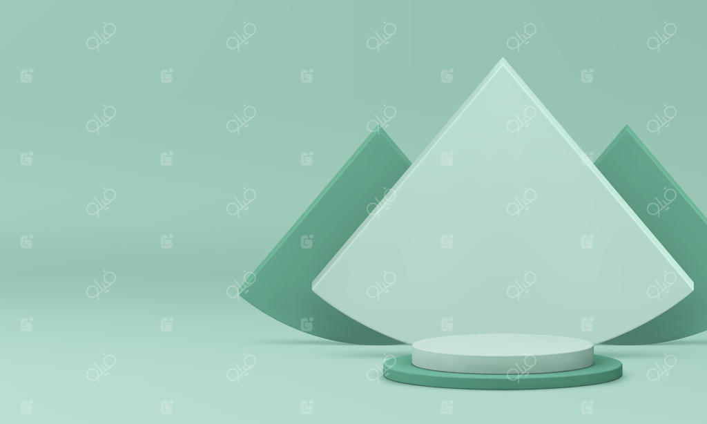 نمایش سکوی سه‌بعدی سبز روشن با پس‌زمینه دیوار مثلثی شکل - تصویر واقع‌گرایانه