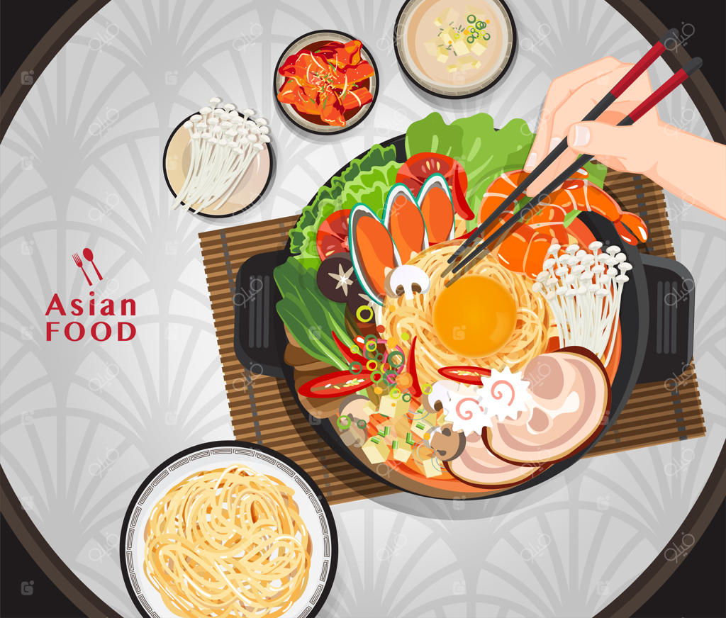 شعبو شابو و سوکیاکی در هات پات رستوران، دست با چاپستیک در حال خوردن شعبو