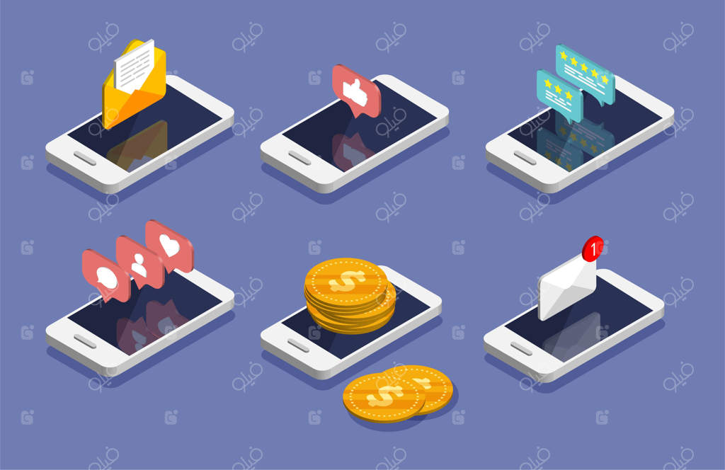 گوشی هوشمند ایزومتریک. مفاهیم ایمیل و بازاریابی ایمیلی و تبلیغات اینترنتی. حرکت پول، پرداخت آنلاین و مفهوم بانکداری. آیکون اعلان‌های شبکه‌های اجتماعی.
