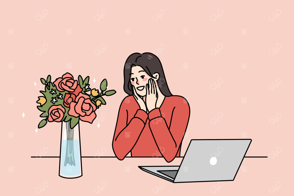 زن خوشحالی که با دریافت گل شگفت‌زده شد