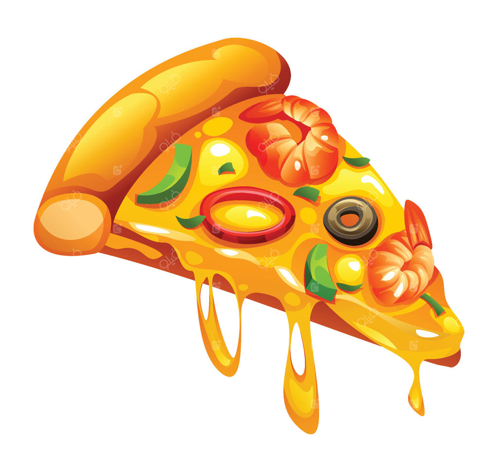 تصویر کارتونی از یک برش خوشمزه پیتزا دریایی با پنیر آب شده، میگو، زیتون و فلفل دلمه‌ای در پس‌زمینه سفید