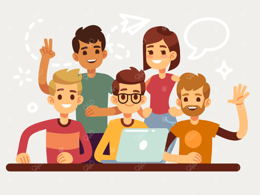 تیم خلاق کسب‌وکار، گروهی شاد از همکاران. طراحی ساده برای وب‌سایت و مفهوم کار تیمی. تیمی از زنان و مردان، تصویر گروهی کسب‌وکار