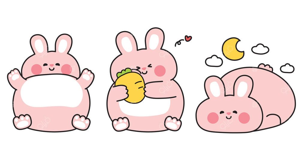 مجموعه‌ای از خرگوش‌های چاق و بامزه در حال خوابیدن در حالت‌های مختلف: هویج، ماه، قلب و ابر. شخصیت کارتونی جوندگان. طراحی تصویری. کاوای.