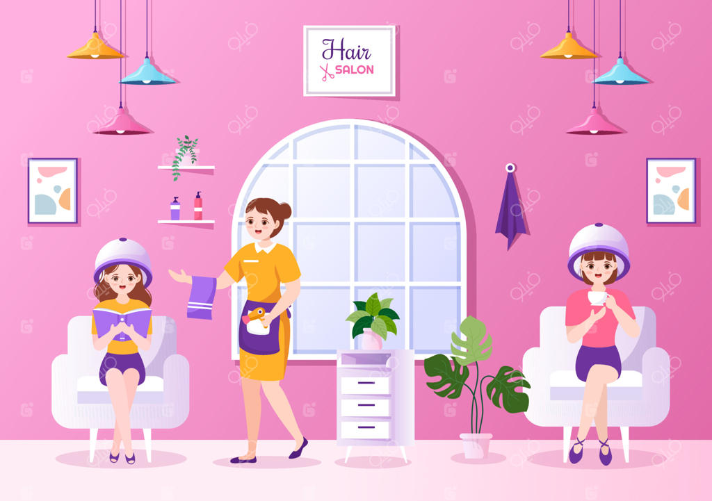 آرایشگاه با آرایشگر، مدل مو، مراقبت از مو و استایل مو در آرایشگاه یا سالن زیبایی - تصویرسازی با طراحی دستی به سبک کارتون تخت