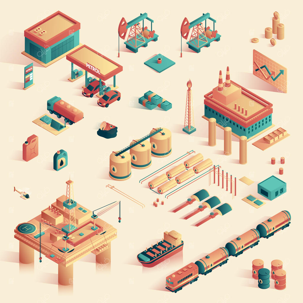 کسب و کار در پالایشگاه مینیاتوری به صورت ایزومتریک سه‌بعدی.