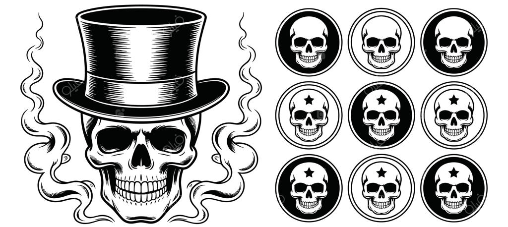 جمجمه سیاه و سفید با کلاه شاپو و ابرهایی از دود و چندین آیکون جمجمه در دایره‌ها