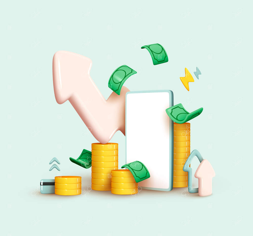 تجارت سرمایه‌گذاری مالی. مفهوم خلاقانه حرکت بازار. سپرده بانکی، سود مالی مدیریت پول از طریق تلفن همراه و برنامه‌ها. روند تجارت ارزهای دیجیتال. ۳D وکتور