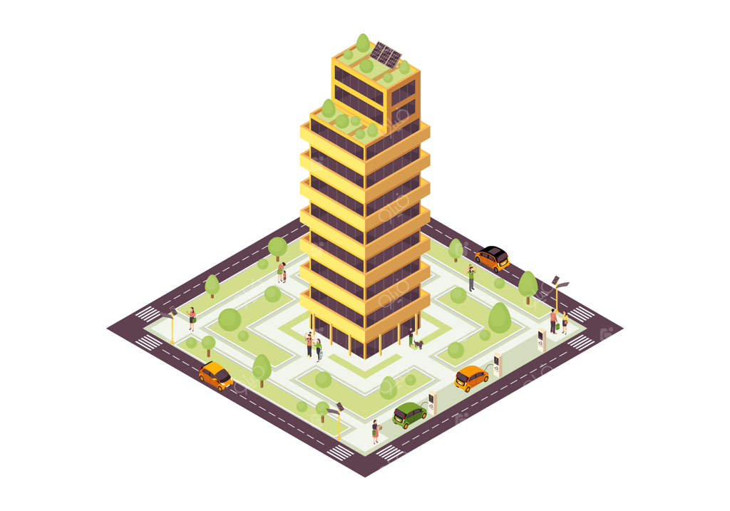 شهر اکولوژیک: تصویر ایزومتریک رنگی. ساختمان پایدار با شبکه خورشیدی و اینفوگرافی درخت. خانه سبز، پایدار و دوستدار محیط زیست - مفهوم سه‌بُعدی. استفاده از انرژی تجدیدپذیر. عنصر طراحی جداگانه