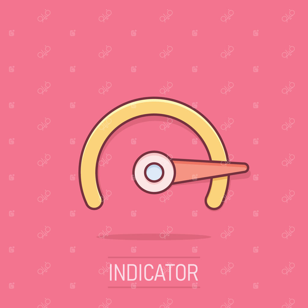 نماد درجه سرعت‌سنج به سبک کمیک: تصویر وکتور کارتونی سرعت گرفتن در پس‌زمینه‌ای مجزا. مفهوم حرکتی تاکومتر در کسب‌وکار.