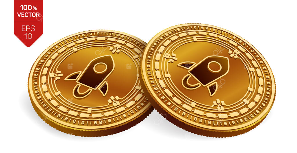 سکه‌های طلایی ارز دیجیتال با نماد استلار بر روی زمینه سفید.