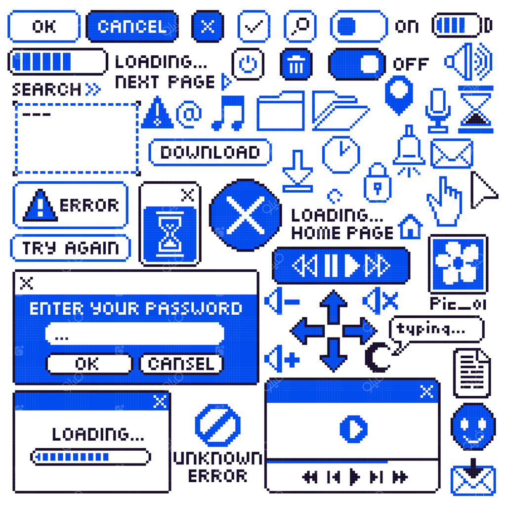 آیکون‌های رابط کاربری کامپیوتر قدیمی به سبک پیکسل آرت