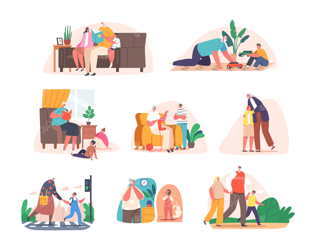 تعیین اوقاتی برای کودکان با پدربزرگ و مادربزرگ: پسران و دختران در حال بازی و خواندن