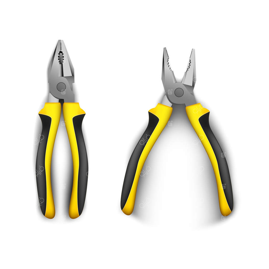 تصویر واقع‌گرایانه از دو انبردست باز و بسته با دستگیره‌های لاستیکی سیاه و زرد. ابزار دستی برای تعمیرات و ساخت و ساز در پس‌زمینه سفید.