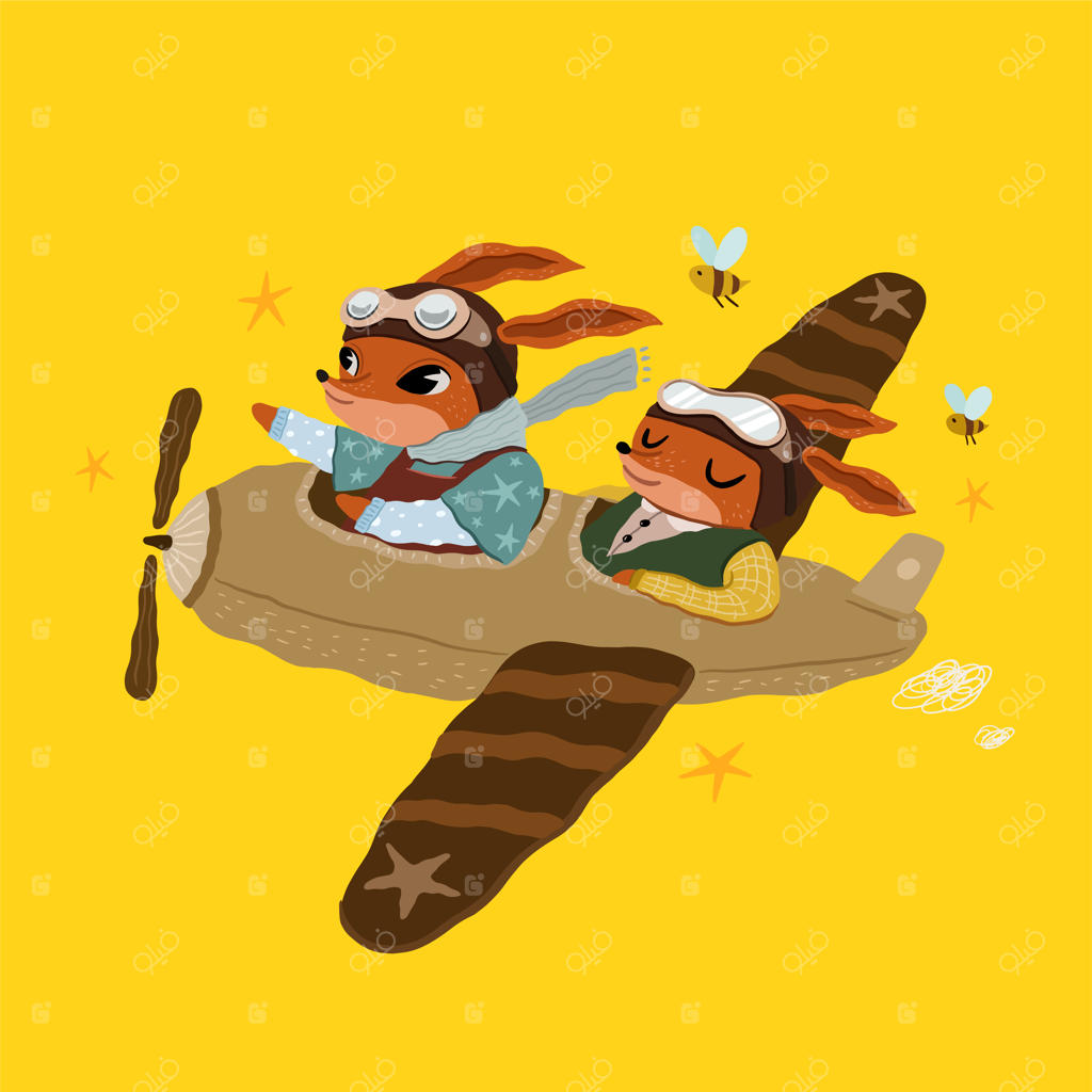 تصویر روباه‌های بامزه در حال پرواز با هواپیما برای کودکان