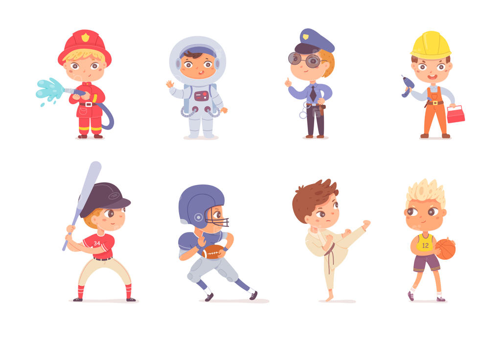 حرفه‌های کودکان: پسران با شغل‌های حرفه‌ای مانند آتش‌نشان، فضانورد، پلیس، سازنده، ورزشکار، بسکتبالیست، کاراته‌کار و بازیکن راگبی روی پس‌زمینه سفید