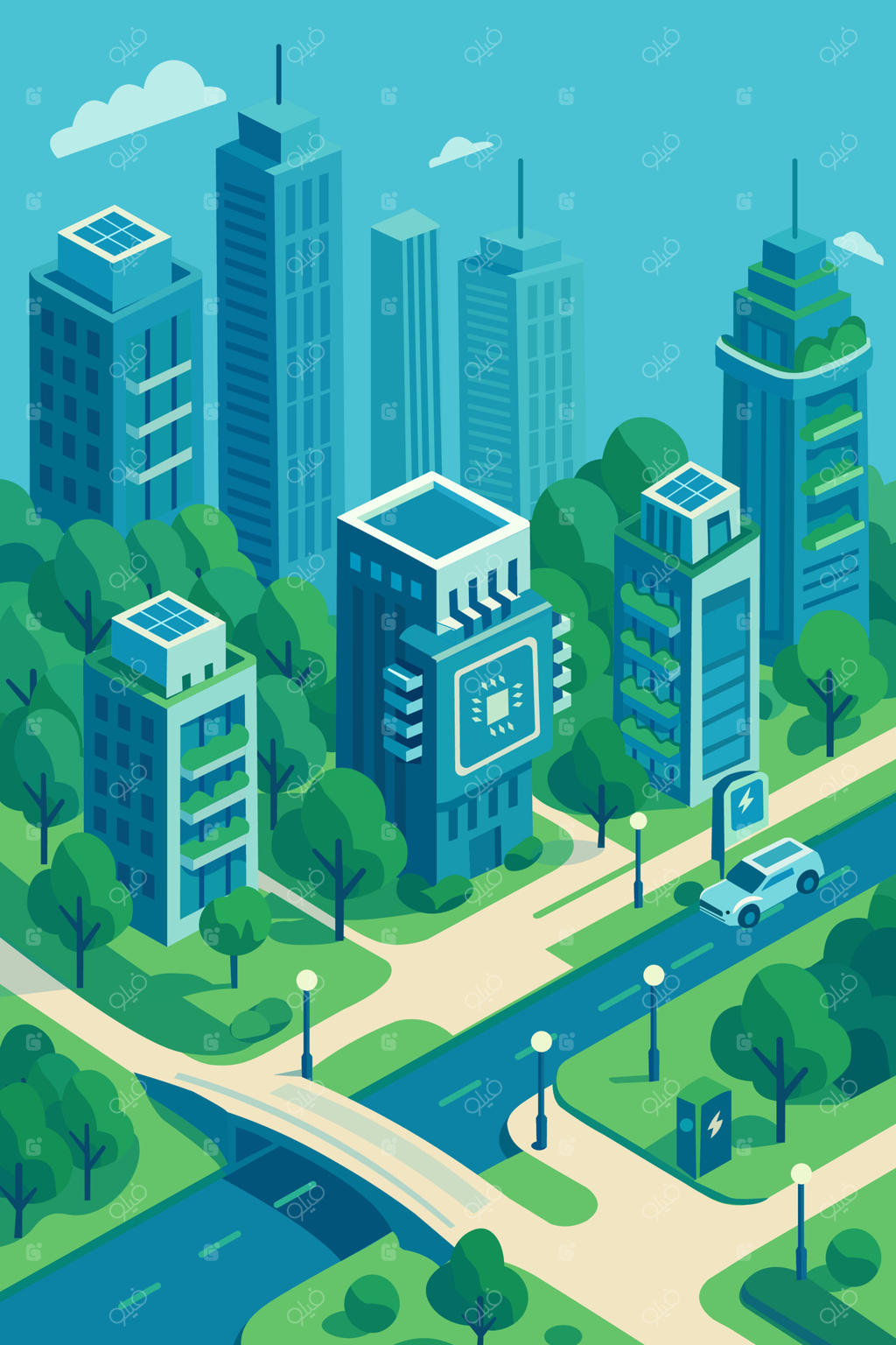 تصویرسازی شهر مدرن با چشم‌انداز شهری پایدار، ساختمان‌های سازگار با محیط زیست، فضای سبز و ویژگی‌های آینده‌نگر