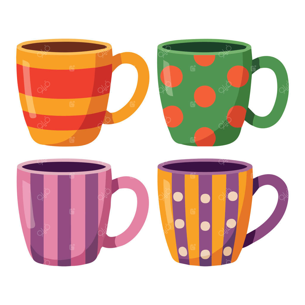 مجموعه‌ای از طرح‌های دستی فنجان‌های قهوه در پس‌زمینه سفید