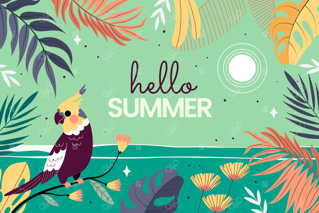 پس‌زمینه تابستانی و استوایی با برگ و طوطی