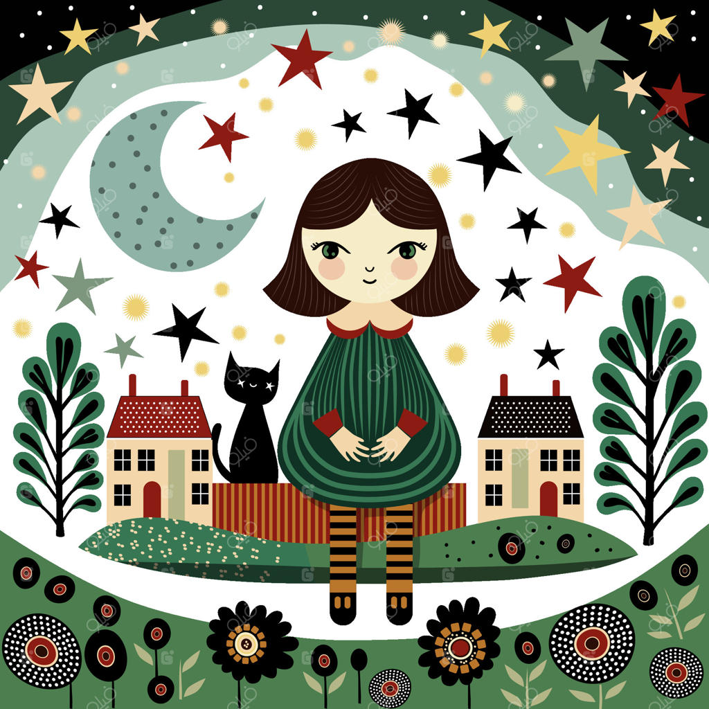 دختری با گربه در شب با پس‌زمینه‌ گل‌ها، خانه‌ها و آسمان پرستاره می‌نشیند