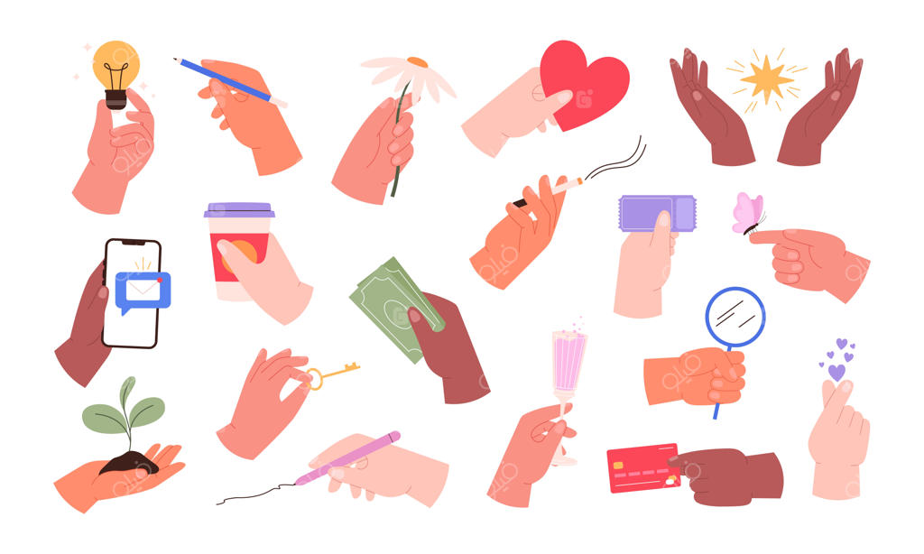 مجموعه وکتور کارتونی دست در حال نگه داشتن اشیاء مختلف؛ گوشی، بلیط، ماگ قهوه، اسکناس و ژست‌های نوشتن و طراحی