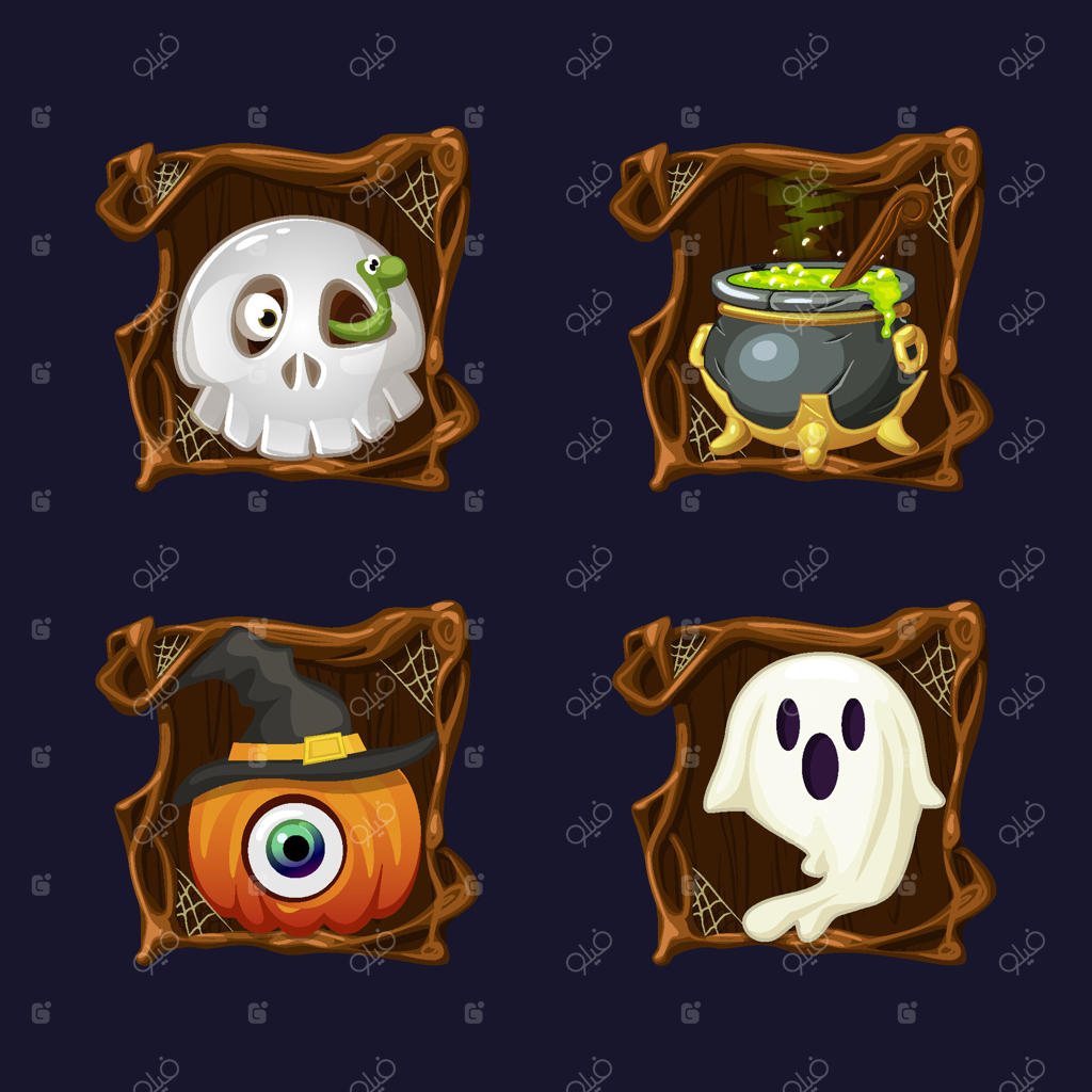 چهار نماد یا آیکون هالووین در طراحی قاب درختی ترسناک برای تزئین کارت‌های تبریک، دعوت‌نامه، چاپ، عناصر بازی یا نمادهای اسلات