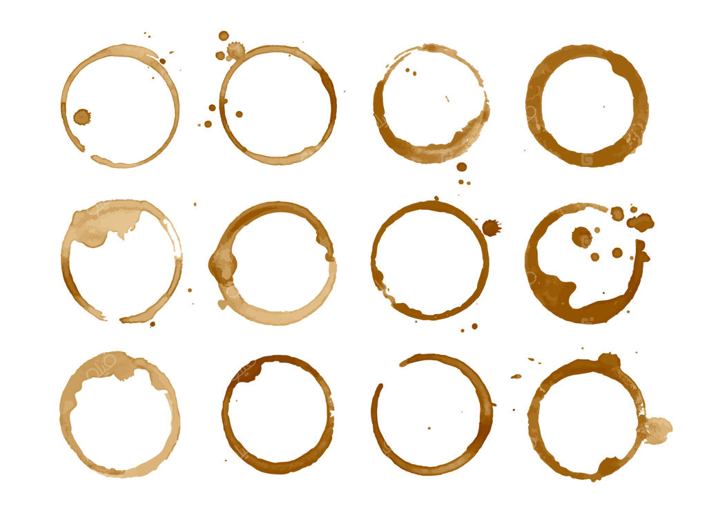 لکه قهوه: رد سیاه قهوه بر سطح. قطرات چای قهوه‌ای ریخته شده از فنجان. رد و دایره‌های تزئینی نوشیدنی و لکه. قاب لکه مایع. مجموعه‌ای از این آثار.