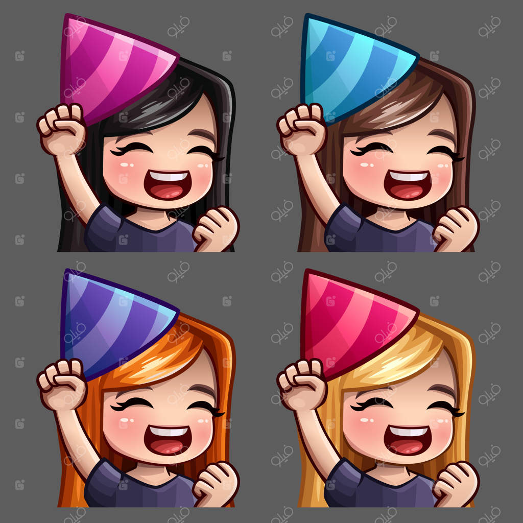 آیکون‌های احساسی شاد مهمانی دخترانه با موهای بلند برای شبکه‌های اجتماعی و استیکرها