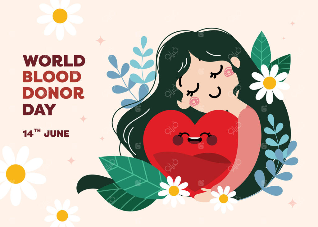 طرح پوستر ساده برای روز جهانی اهداکننده با تصویری از زنی که نماد قلب شکل خون را در آغوش گرفته، ترویج مراقبت، عشق و اهمیت نجات جان‌ها از طریق اهداء