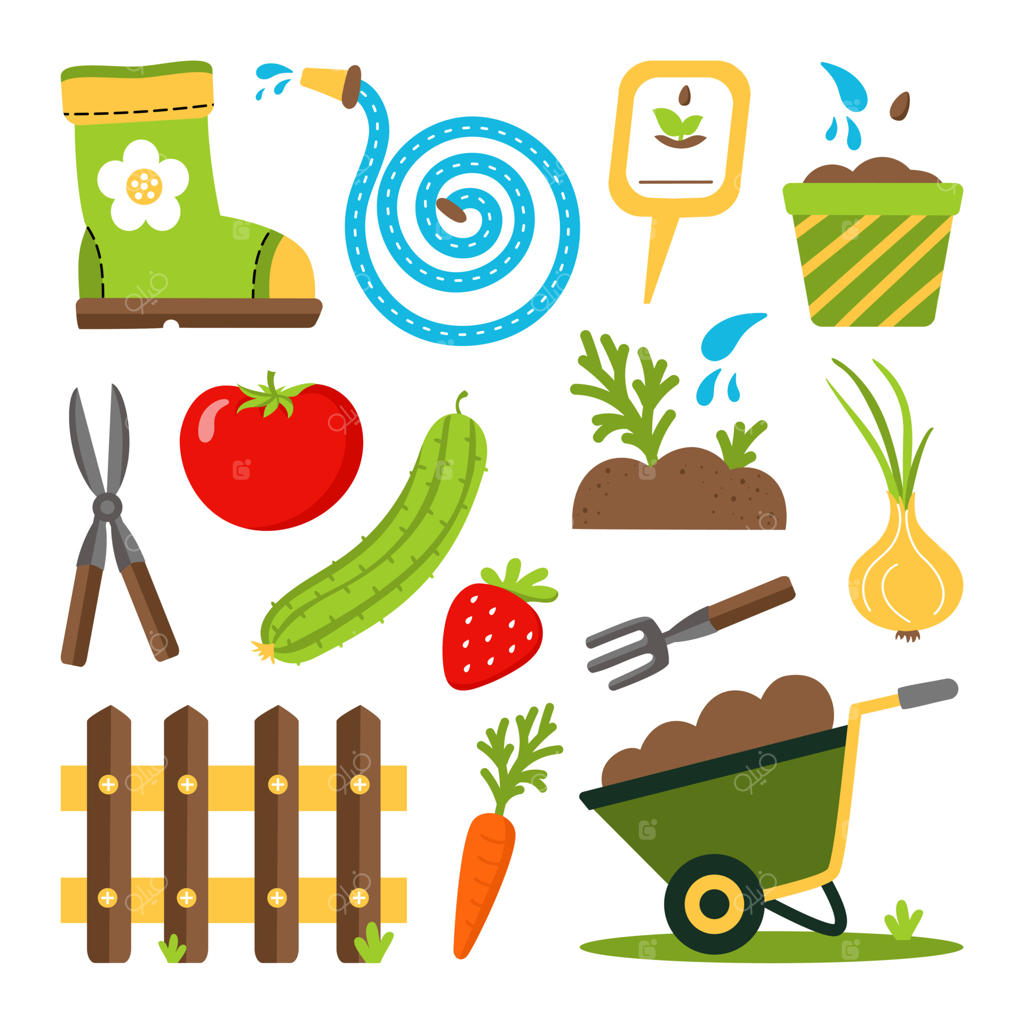 ابزارهای باغبانی و تجهیزات کشاورزی - تصویرسازی وکتور در پس‌زمینه سفید