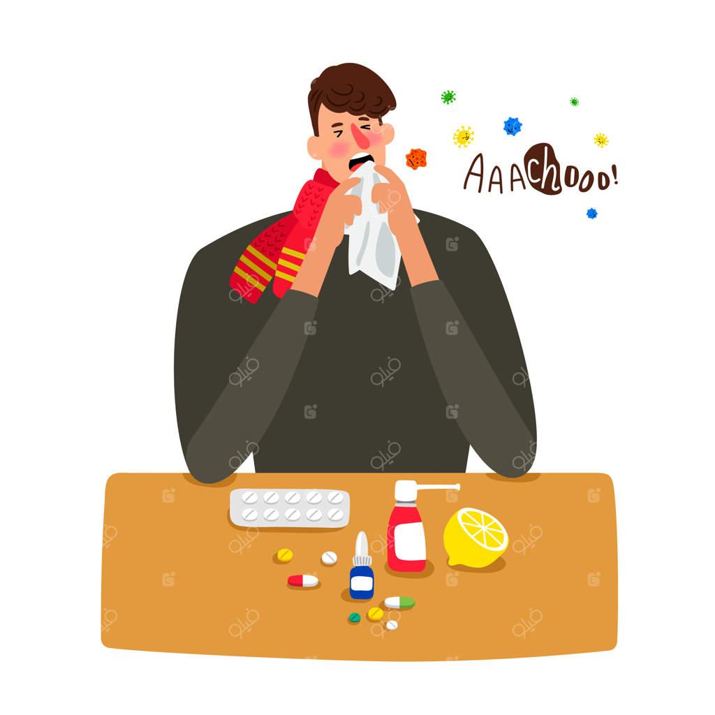 مرد بیمار با آنفولانزا عطسه می‌کند، زمینه سفید