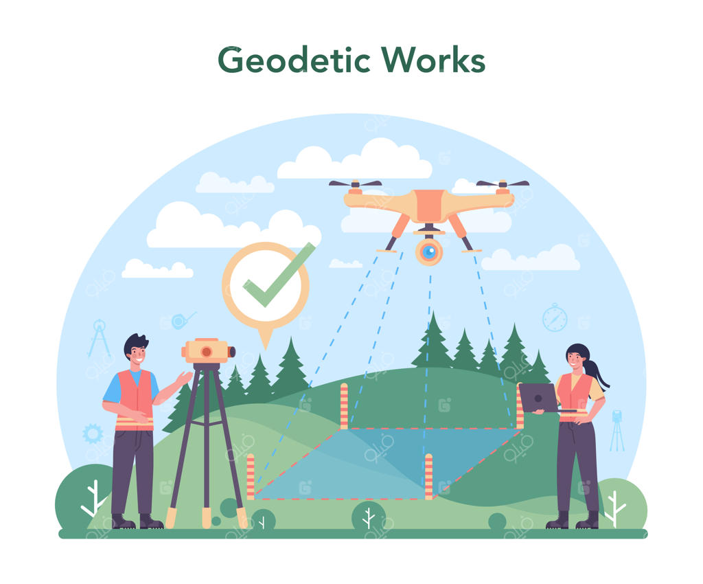 تصور نقشه‌برداری: فناوری نقشه‌برداری زمین، علم ژئودزی، مهندسی و تجهیزات توپولوژی با افرادی در حال کار با قطب‌نما، نقشه و تجهیزات نقشه‌برداری - تصویرگری برداری فلت