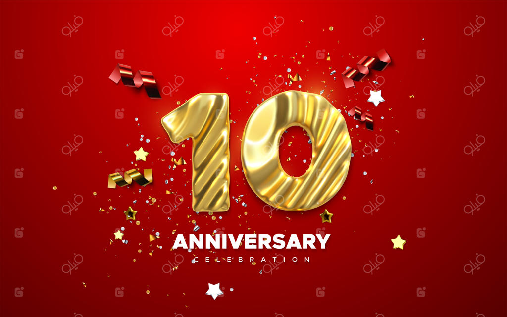 جشن دهمین سالگرد با عددهای طلایی و رگبار کاغذ رنگی در زمینه قرمز