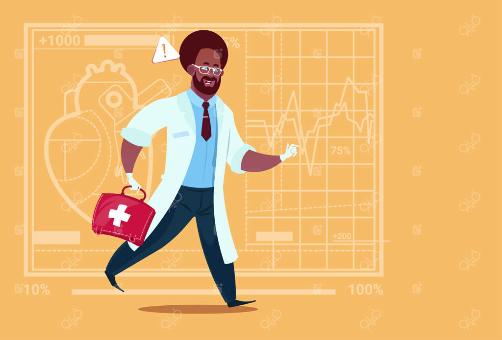 پزشک اورژانس آفریقایی آمریکایی با جعبه کمک‌های اولیه در کلینیک‌های پزشکی بیمارستان