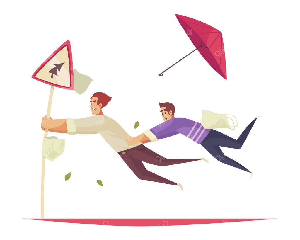 ترکیب هوای بد با دو شخصیت نقاشی در حال تاب خوردن روی تابلوی راهنمایی تحت اثر باد شدید - تصویرسازی وکتور باد شدید