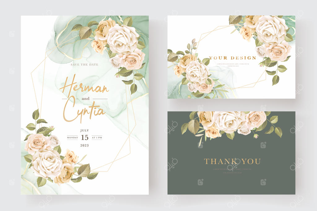 ست کارت دعوت عروسی با طراحی دستی گل‌های رز زیبا