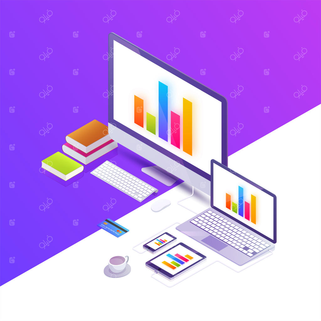 تصویر مفهومی ایزومتریک از ایستگاه کاری دفتر - کامپیوتر رومیزی، تلفن، تبلت، کتاب، نمودار، صفحه‌کلید، فنجان قهوه داغ، اینفوگرافیک سهام مالی.