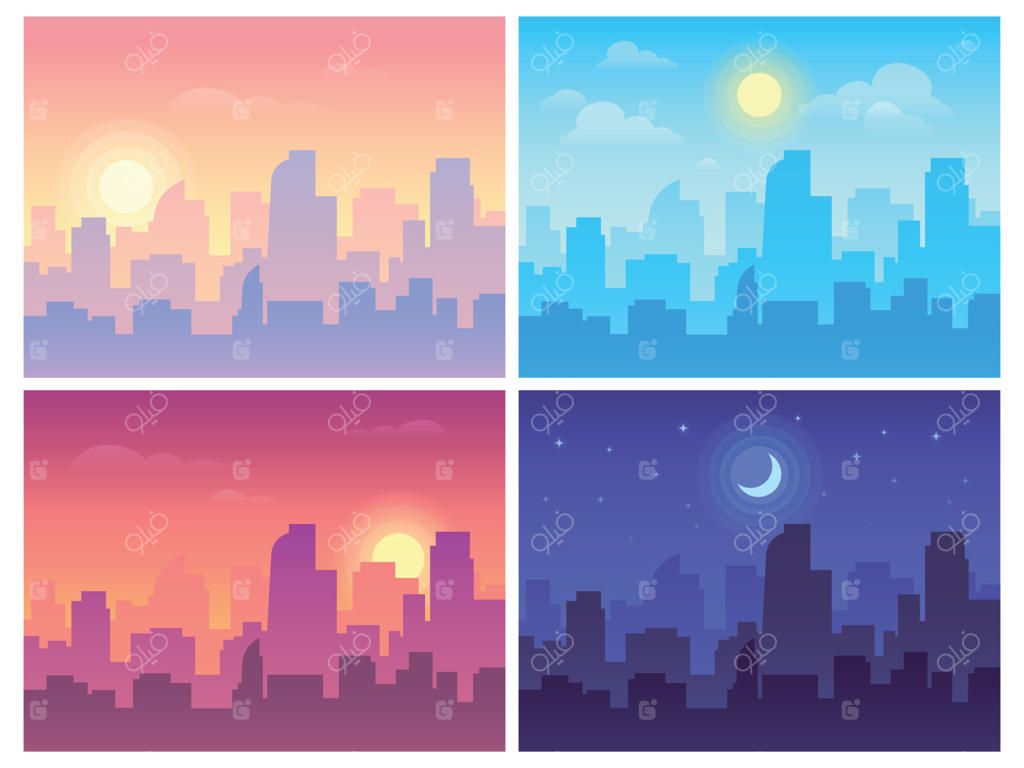 نمای شهر در طول روز: صبح، ظهر و شب. منظره شهر و ساختمان‌های شهری در زمان‌های مختلف و پس‌زمینه وکتور شهری