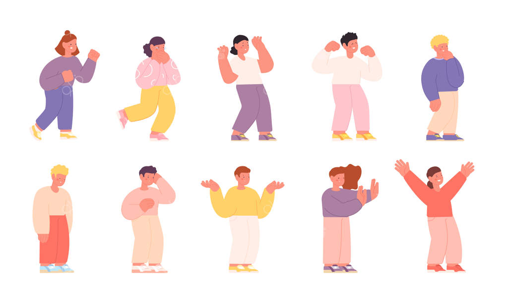 شخصیت‌های احساسی کودکان: حالت‌های مختلف از شادی و عصبانیت تا گریه پسر و دختر. احساسات گوناگون، تصویرسازی کودکانه و بامزه از حالات چهره بچه‌ها. مجموعه کامل.