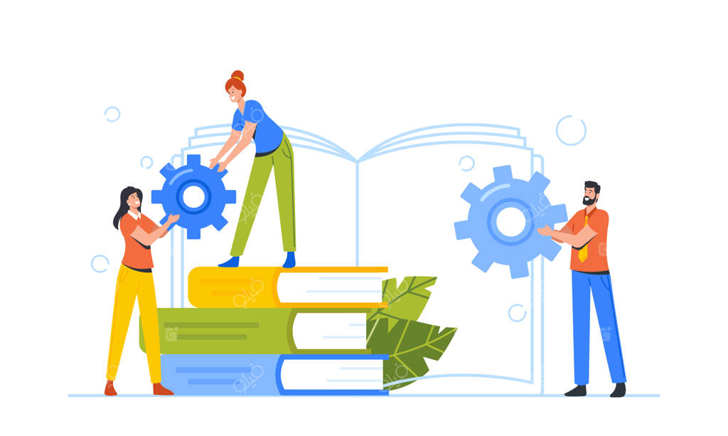 شخصیت‌های کوچک زن و مرد با چرخ‌دنده‌ها در کنار توده‌های بزرگ کتاب: آموزش ماشین‌های خودکار و فناوری‌های هوشمند