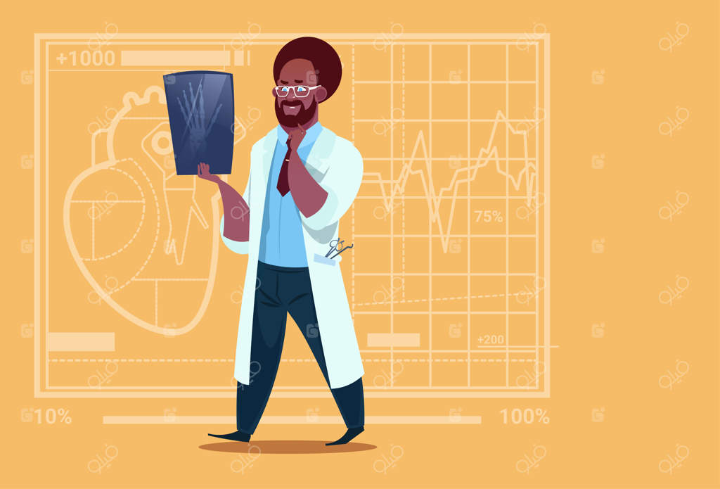 پزشک آفریقایی آمریکایی در حال بررسی عکس رادیولوژی در کلینیک پزشکی بیمارستان جراحی