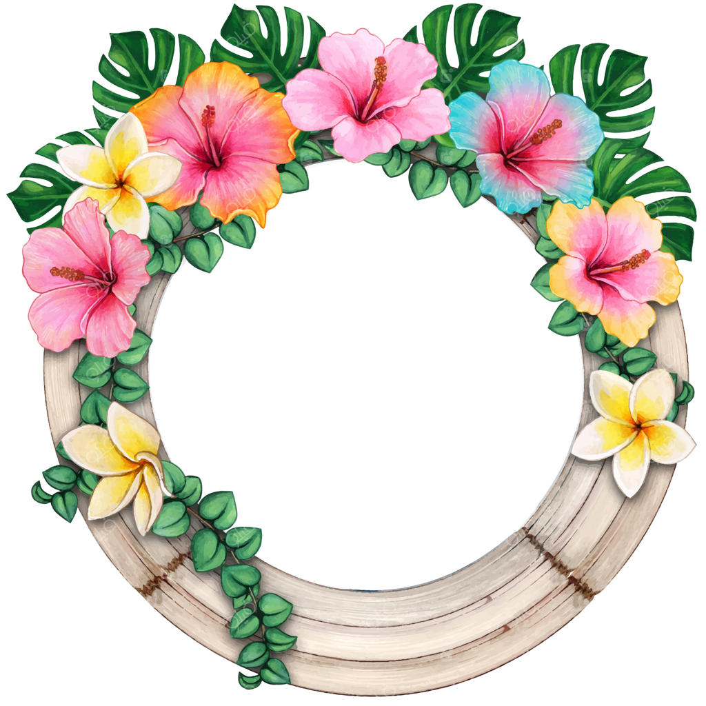 قاب دایره‌ای چوبی آبرنگی با گل‌های استوایی