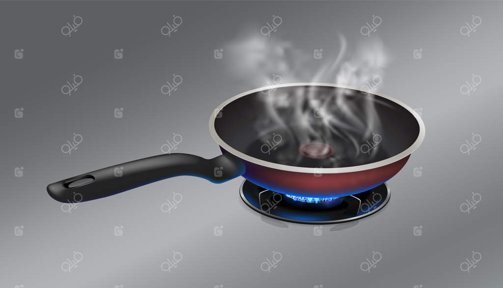 ماهیتابه داغ روی اجاق گاز با پس‌زمینه فلزی استیل در حال سوختن است