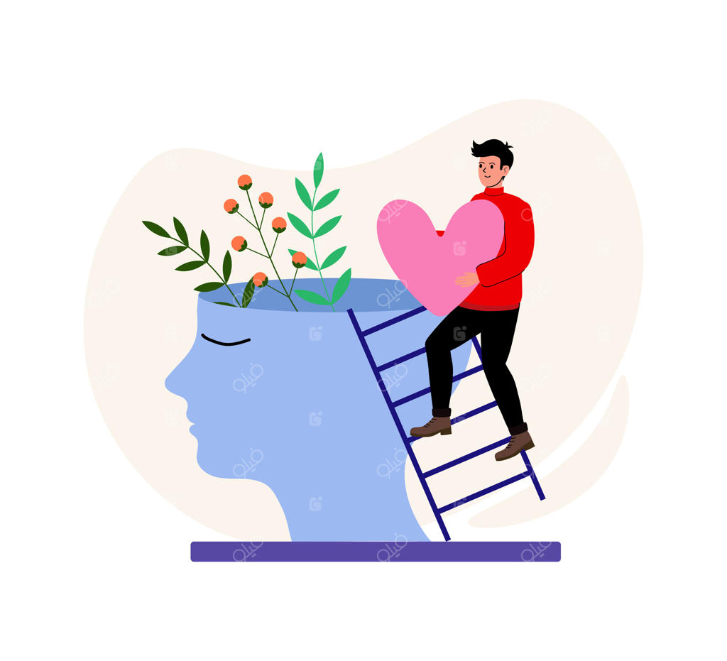 فردی قلب به دست در حال بالا رفتن از نردبان به سوی باغی از ذهن خلاق